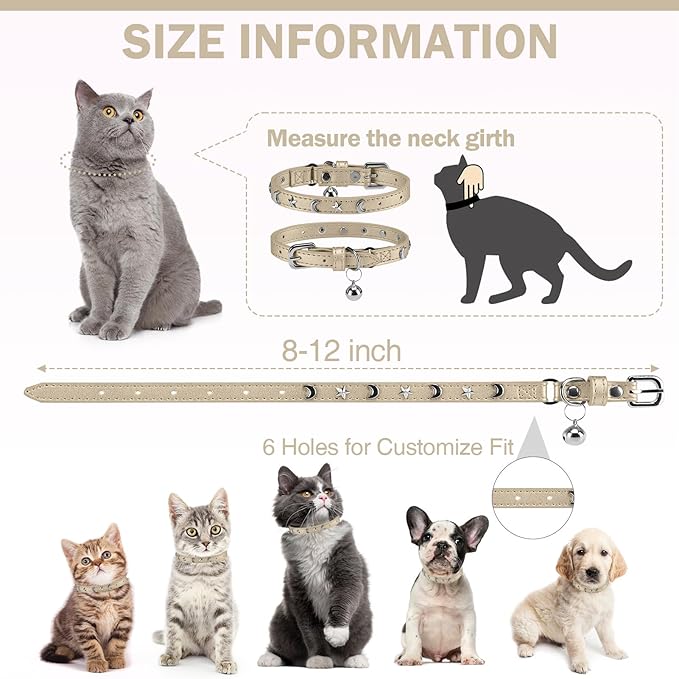 Leather Cat Collars for Boy Girl Cats with Bell and Safety Elastic Belt, Personalized Star and Moon Stud Adjustable Safe Buckle Collar for Kitty Small Big Cats Size 8-12 Inch, Gold