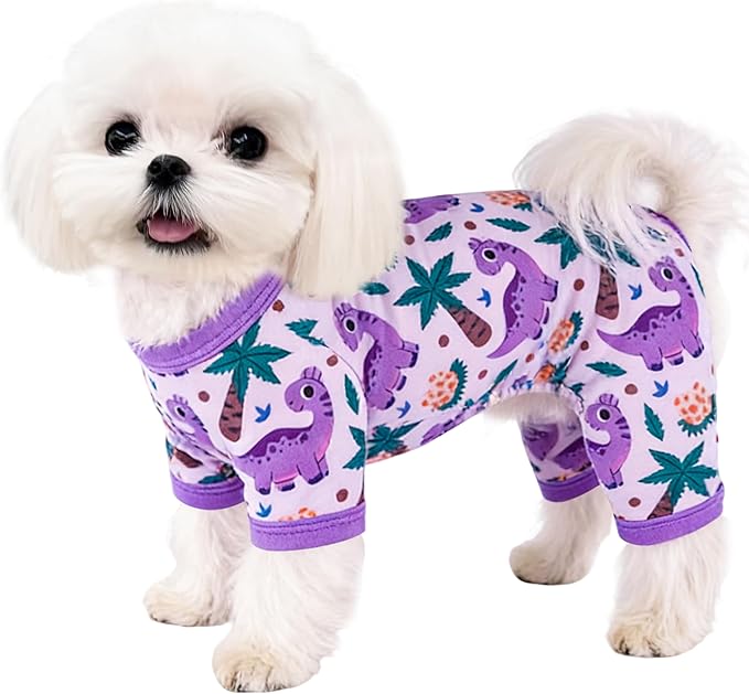 Dog Pajamas for Small Dogs Cute Print Dog Onesie Thin Dog Clothes for Spring Summer Comfy & Elastic Puppy Pjs (Purple Dinosour, Large)