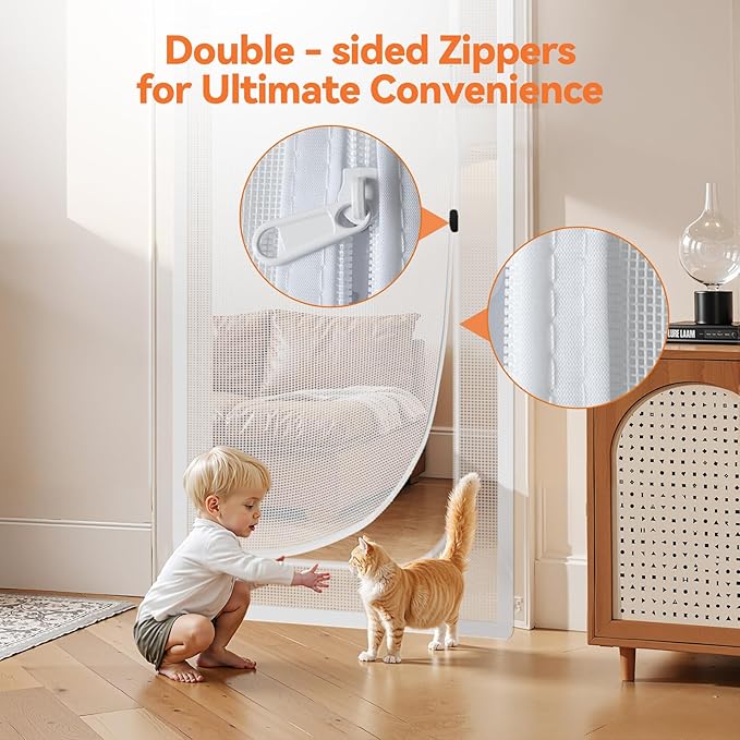 BFNN Cat Screen Door, Extra Tall Cat-Proof Mesh Gate, Fit Door Size 38'' x 82'', Anti Scratch Mesh with Zipper Closure, for Living Room, Kitchen, Bedroom (White)