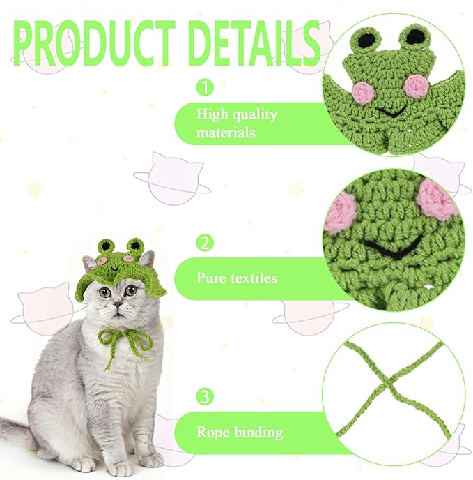 Frog Cat Hats,Cute Cat Caps Bonnet, Soft Cats for Kittens & Small Dogs,Outfits for Cats Cat Sombrero Perfect for Birthday Halloween Christmas Costume (Frog)