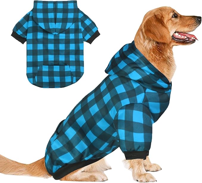 Plaid Dog Sweaters Hoodies Sweatshirts for Dogs Cats, Warm and Soft Cold Weater Coats for Christmas (Blue, XX-Large)