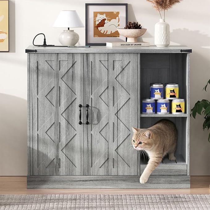 Extra Large Cat Litter Box Enclosure with Litter Collector, Hidden Litter Box Furniture Cabinet with Power Outlet & Storage Shelves, Cat House for Automatic Litter Boxes, Gray