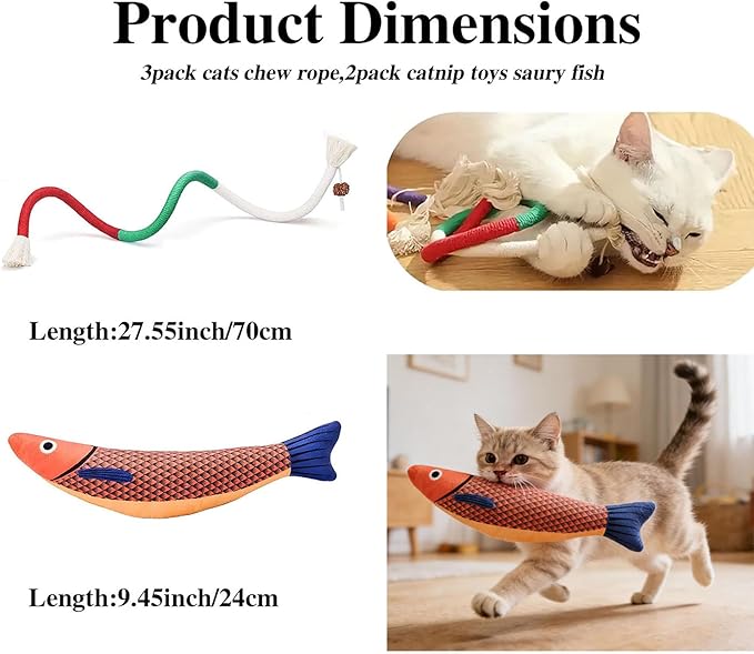 Cat Chew Rope Toy,Catnip Saury Fish Toys,Cats Interactive Toys for Teeth Cleaning,5Pcs Cat Toys for Indoor Cats with Refillable Natural Catnip（5Pcs Cat Toys）