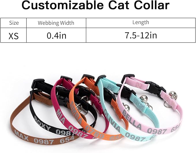 Personalized Cat Collar with Reflective Text for Night Visibility, Elastic Quick-Release Non-Breakaway Design, Fits Kittens, Small & Large Cats, Safe for Daily Wear