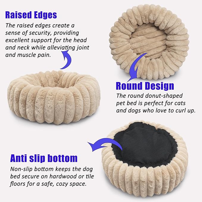 Small Pet Bed for Indoor Cats and Puppy - Washable Donut Extra Small Dog Beds for Small Dogs with Anti Slip Bottom, Fluffy Calming Round Bed for Puppy & Kitten Cozy Sleep, Beige, XS -19 Inch