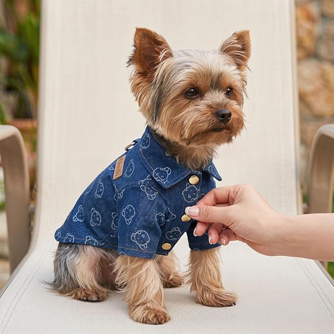 Unisex Pet Denim Shirt for Cats & Small Dogs, Soft Washed Denim, Collared Button Down with Back D-Ring, Breathable Cotton, Spring/Summer/Fall (Large, Shirt-Dark Blue with Bear)