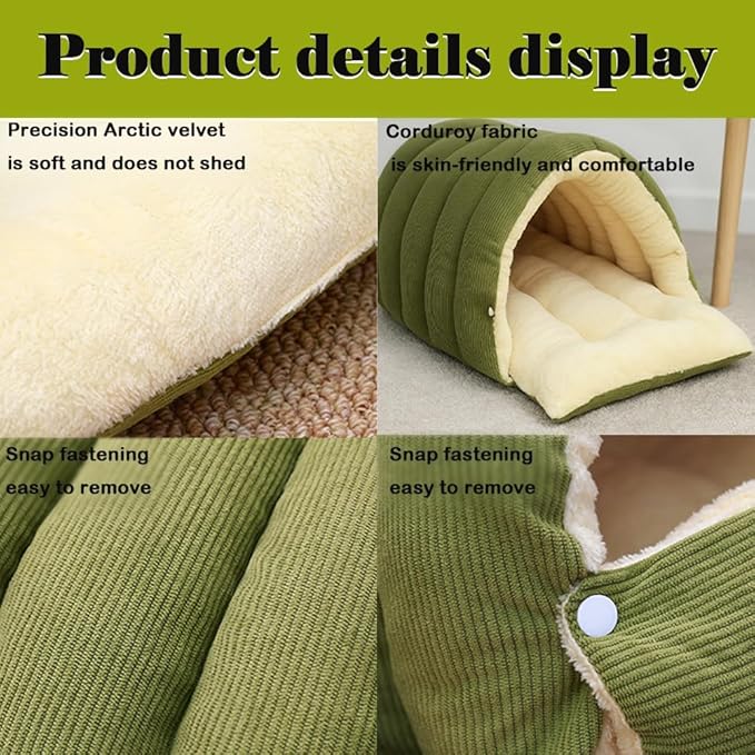 Removable and Washable Winter Closed-Off Cat Bed, Warm Cat Bed for Winter, Cotton Soft Pet Nest for Cats, Warm Cave Nest Sleeping Puppy for Cats & Small Dogs (Green, Small)
