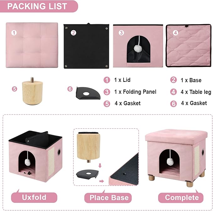 BRIAN & DANY Cat Beds for Indoor Cats,Cat Cave House for Kitten with Scratch Board & Ball,14.5X 12.5X 14.1 inches, Pink