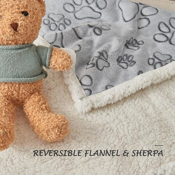 Qeils Pet Blankets for Couches, Waterproof Dog Blankets for Large Dogs, Sherpa Fleece Puppy Blanket, Soft Plush Reversible Dog Blanket, Couch Cover for Dogs Washable, 30"X70", Grey Paw Print