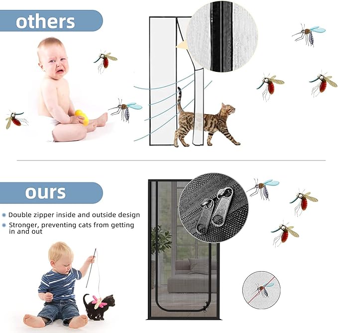 QWR Reinforced Cat Screen Door,Fits Door Opening Size 32''x 80'',Thickened Cat Proof Mesh Screen Door with Zipper Closure for Living Room,Kitchen,Bedroom (U-Type,Black)