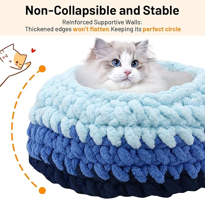 Handwoven Soft Cat Cave Bed, Indoor Cat Beds with Washable Round Nest, Kitten House & Cat Furniture, Cloud Blue