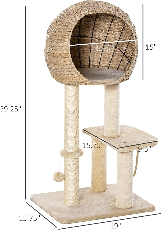 PawHut Cat Tree with Sisal Scratching Post Condo and Hanging Rope 39" H, Beige