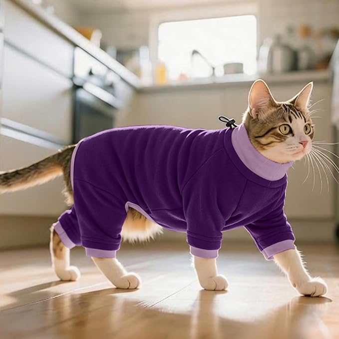 PUMYPOREITY Cat Hair Sticky Sweater, Recovery Suit - Breathable & Lightweight for Post-Surgery Protection, Cat Onsie Prevents Licking Wounds, Purple, XL