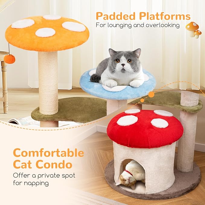 Tangkula Mushroom Cat Tree, 35 Inch Cute Cat Tower with Sisal Scratching Posts, Cat Condo, Padded Platforms, Dangling Balls, Multi-Level Modern Cat Furniture, Activity Center for Indoor Cats & Kittens