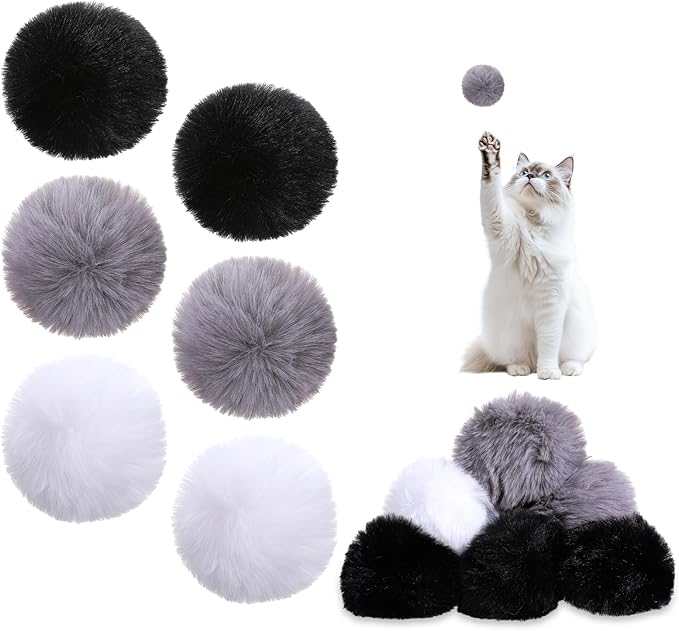 12 Pcs Cat Pom Pom Balls, Rabbit Fur Ball Cat Toy Fluffy Soft Fuzzy Balls for Cats Pets Interactive Playing Indoor, 2.75 Inches in Diameter (Gray Black White)