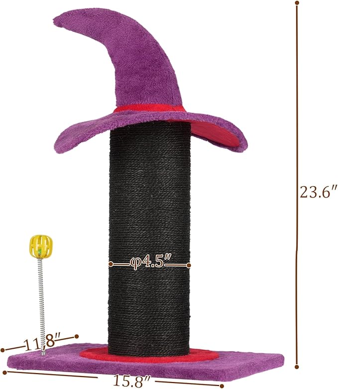 Wizard Hat Cat Scratching Post with Spring Ball Toy for Indoor Cats, Halloween Spooky Cat Scratcher, Purple(40 * 30 * 60cm)