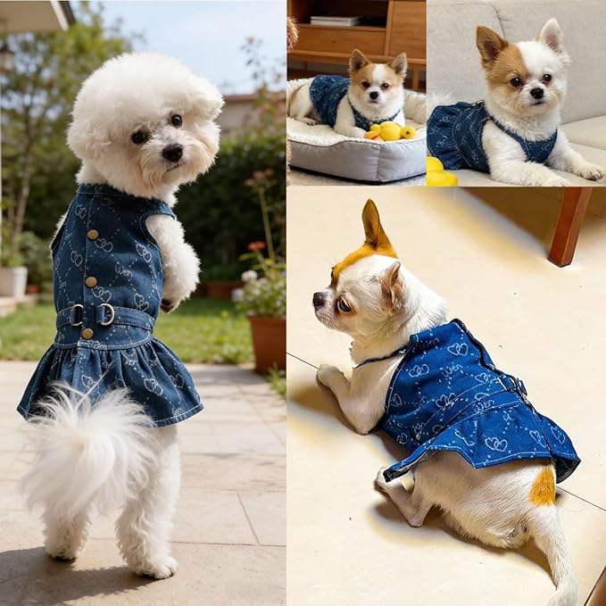 Walking-Ready Pet Jeans - Breathable Denim with D-Ring & Snap Buttons | Matching Heart Symbol Outfits for Dog & Cat Couples | Machine Washable (S-XL) (Large, Skirt with Heart Symbol)
