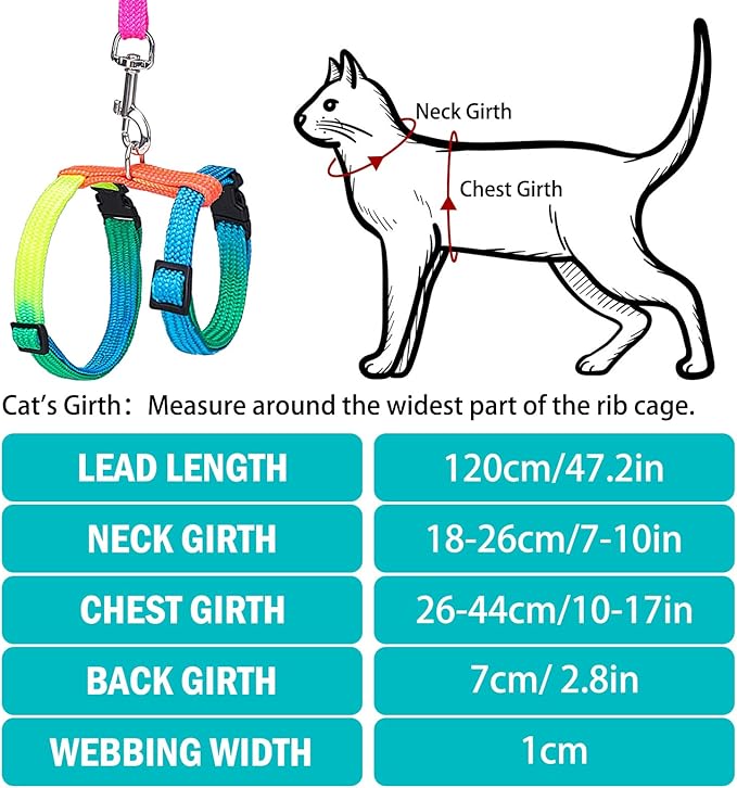 PUPTECK Adjustable Cat Harness and Leash Set Escape Proof Kitten Strap Collar for Walking Travel, Multicolor