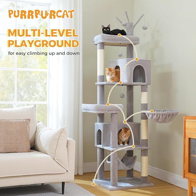 74.8" Extra Tall Cat Tree with Anti-Toppling Kit, Stable Multi-Level Cat Tower with Dual Condos, Sisal Scratching Posts & Deep Hammock, Large Cat Furniture for Multi-Cat Household, Grey