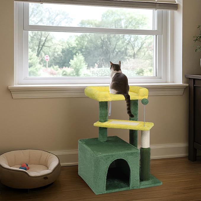 27.5in Plush Cat Tree, Multi-Level Cat Tower with Scratching Post and Pad, Cozy Condo & Padded Perch, Dangling Ball for Kittens and Indoor Cats, Compact Cat Furniture for Small Spaces (Yellow & Green)