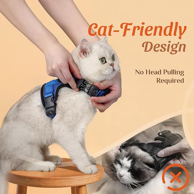 Dooradar Cat Harness and Leash Set, Escape Proof Soft with 3 Adjustable Buckles, Comfortable Vest Easy to Wear Kitten Harness with Reflective Strip, Safe for Outdoor Walking, Royal Blue, XS