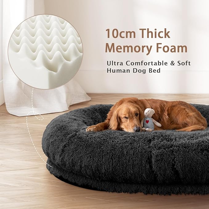 ROOMTEC Human Dog Bed, 71''x45''x12'' Size Fits Adult Pet Washable Oversize People Bed 10 CM Thick Memory Foam Large Giant Pet Bed with Plump Pillow, Blanket, Strap - Black