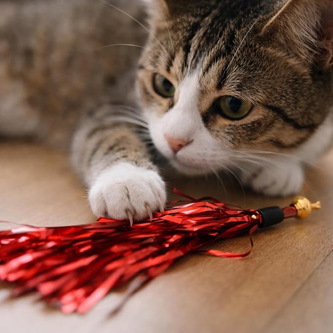 LUOZZY 8 Pcs Cat Teaser Wand Replacement with Bell Metallic Foil Tassel Cat Wand Toys Interactive Catcher Teaser for Pet, Random Color