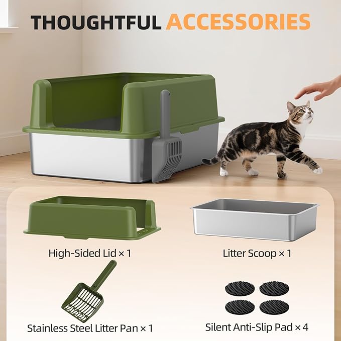 WoofiGo Enclosed Stainless Steel Cat Litter Box with Lid, XL Extra Large Litter Box for Big Cats, Metal Litter Pan High Sided, Never Absorbs Odors, Anti-Urine Leakage, Include Scoop (65-Green)