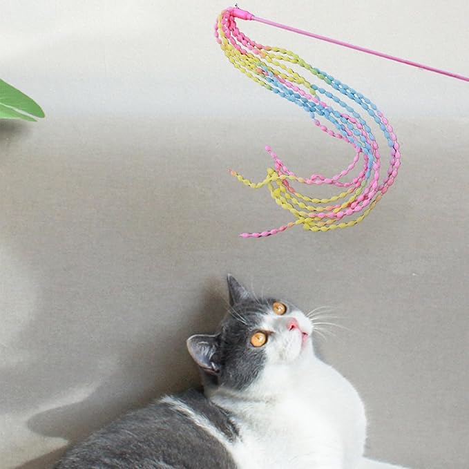 KABASI Cat Wand Toys, 4PCS Interactive Plush Srtip Cats String Teasing Stick with Bells for Kitten, Colorful Sturdy Pole Cat Toys for Having Fun Indoor Playing
