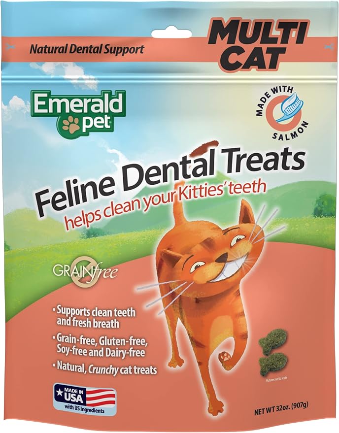 Emerald Pet Grain Free Cat Dental Treats – Crunchy Salmon Cat Treats to Clean Teeth, Reduce Plaque & Tartar, and Freshen Breath – Natural Feline Dental Care, 32 oz