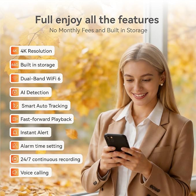 4K UHD Indoor Camera, 64G Built-in Storage No Subscription,Pet Camera Indoor with Phone App,Work as Baby Monitor/Cat/Dog Camera,360°Pan&Tilt,Two-Way Talk,Privacy Mode,AI Tracking/Detection