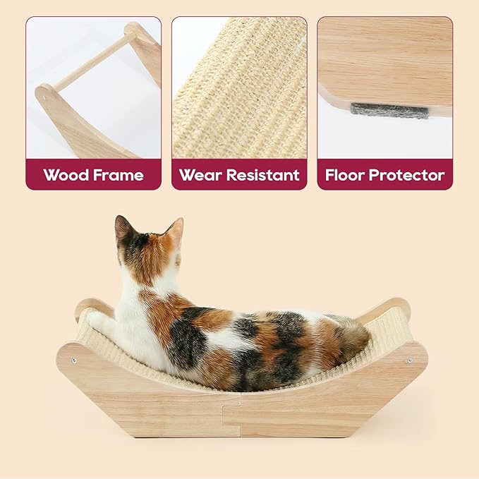 Zakkart Cat Sisal Scratching Bed Hammock, 2-in-1 Cat Scratcher & Lounging Bed, 100% Natural Sisal Mat, Solid Wood Frame, Cat Furniture Protector (Medium, Natural Color)