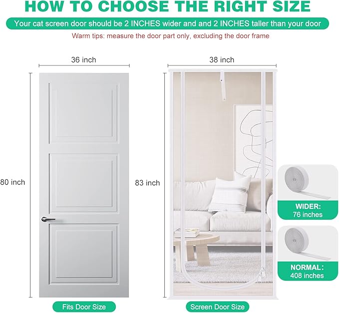 Reinforced Cat Screen Door, 38X83” Heavy Duty Pets Proof Screen Door with Bilateral Zipper, Prevent Dogs Cats Running Out from Home, Bedroom, Living Room, Kitchen Patio Door (White)