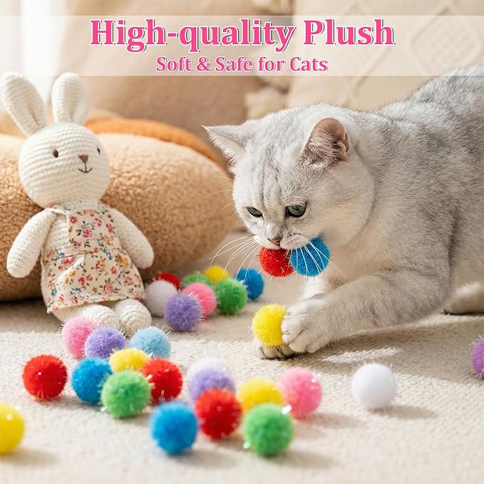 60 Pcs Cat Pom Pom Balls, 1.5 Inch Sparkle Balls for Cats, Assorted Colors, Interactive Glitter Toys for Indoor Cats Exercise & Play