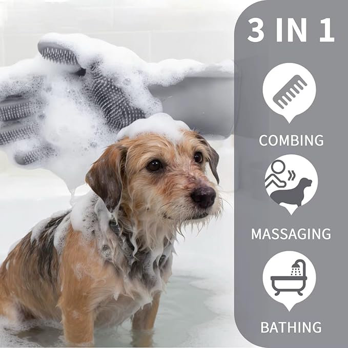 Pet Grooming Gloves for Dogs & Cats, Silicone Deshedding Brush, Gentle Fur Remover, Bathing & Massage Gloves. 3 Colors Variation (Gray)