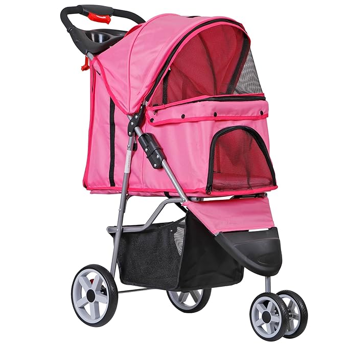 JungleA Foldable Pet Stroller for Cats Dogs,3 Wheel Jogger Stroller for Small to Medium Pets,Lightweight & Portable & Durable with Weather Cover, Storage Basket and Cup Holder,Pink