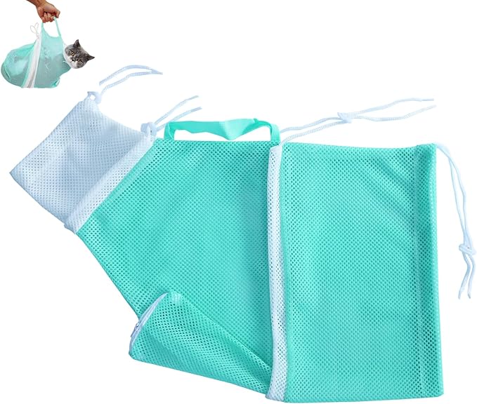 Cat Bathing Grooming Bag - Anti Bite & Anti Scratch Adjustable Pet Restraint for Bathing, Nail Trimming, Medicine, Injection - Secure & Calming with Adjustable Straps & Zippers (Green)
