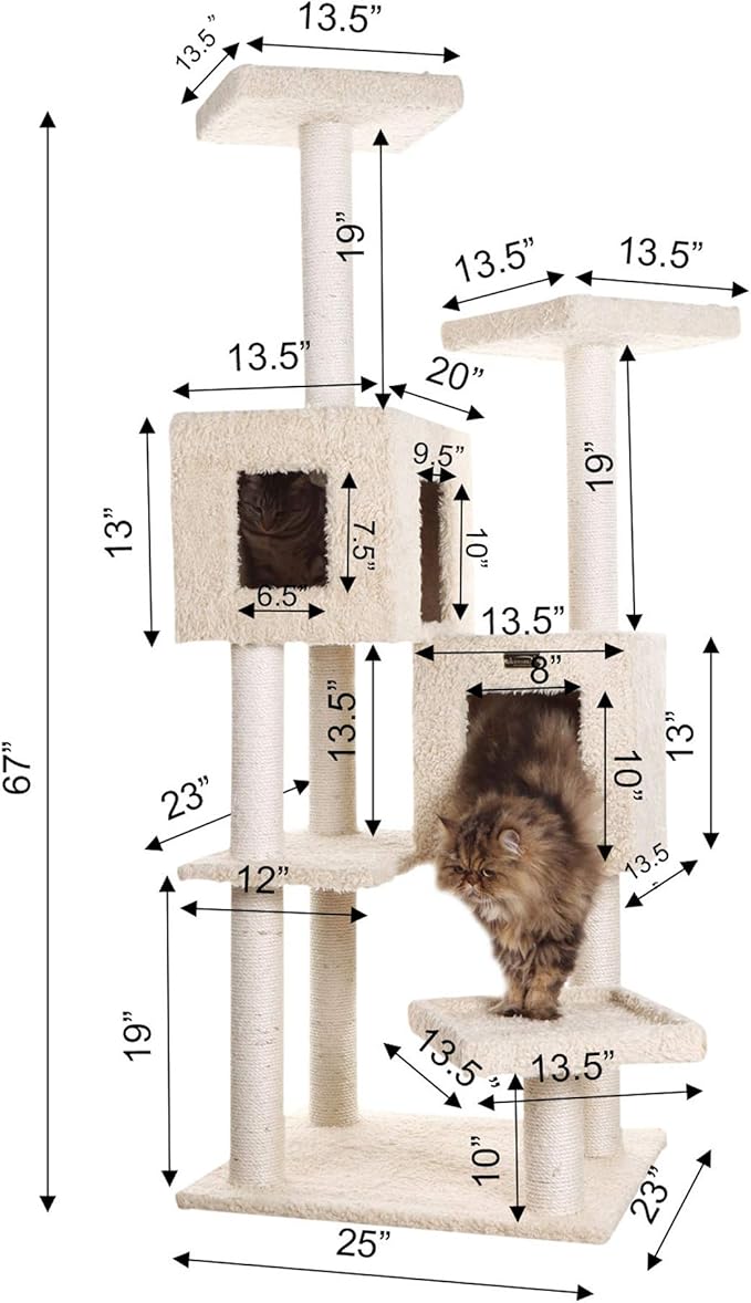 Armarkat A6702 Pet Cat Tree with Two Real Wood Houses, 67", Beige