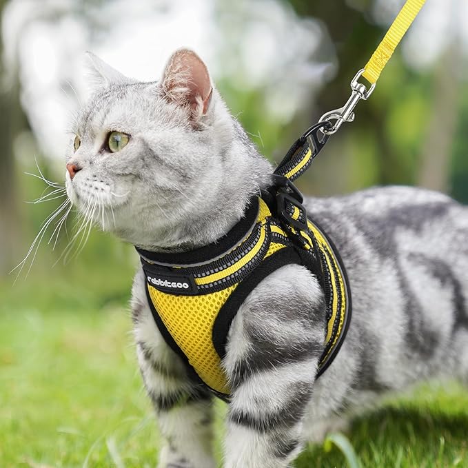 rabbitgoo Cat Harness and Leash Set for Walking Escape Proof, Adjustable Soft Kittens Vest with Reflective Strip for Cats, Comfortable Outdoor Vest, Bright Yellow, M