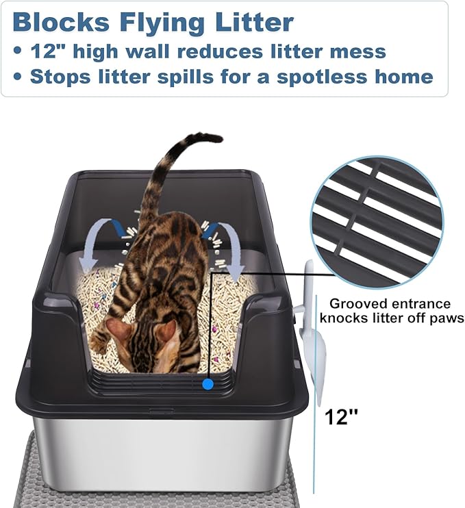 2 Pack Stainless Steel Cat Litter Box with Lid - XL Extra Large Enclosed Metal Litter Pan for Big Cats, High Sided Non-Stick Odor Resistant Anti-Urine Leakage, Easy Clean with Scoop & Mat, Gray/Black