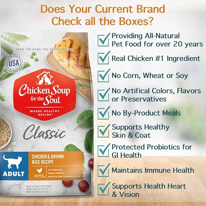 Chicken Soup for the Soul All Natural Premium Adult Dry Cat Food, Real Meat First Ingredient, No By-Products, Supports Heart, Gut & Immune Health, Chicken & Brown Rice, 4.5lb (Pack of 2)