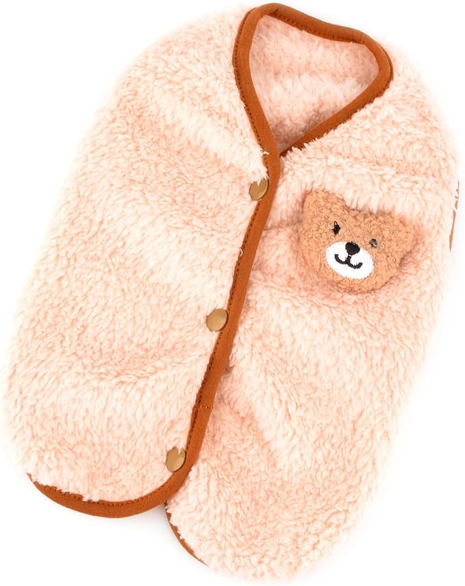 Fleece Small Dog Sweater, Solid Pet Vest with Bear Patch Elastic Soft Outfits Puppy Clothes Warm Fall Winter Apparel for Cat Chihuahua Yorkie,Beige,XS