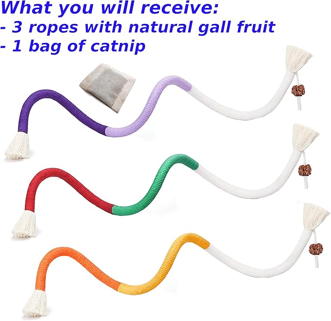Cat Chewing Ropes Toys 3pcs with Refillable Natural Catnip, Safe Teeth Cleaning Chew Toy for Indoor Kittens, Interactive Cat Nip Kitty Toys for All Breeds (27.5 Inches)