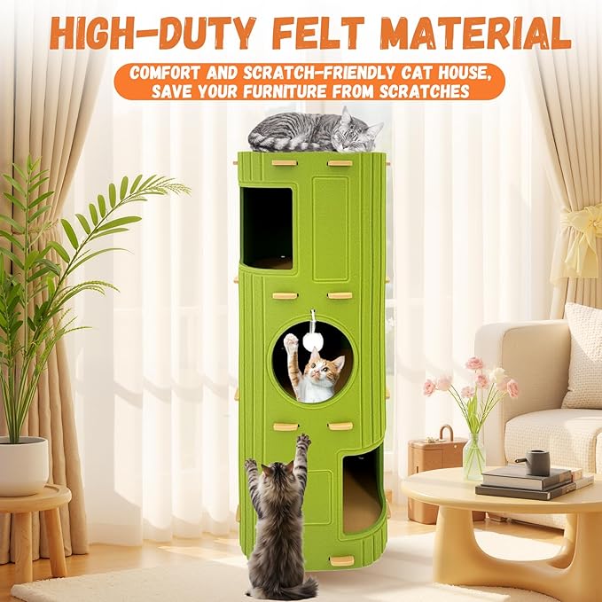 Homegroove Cat House for Indoor Cats, 3-Storey Cozy Felt Cat Bed Cave with Tunnel Hideaway, Large Multi-Cat Condo for Rest & Play (Green, X Large)
