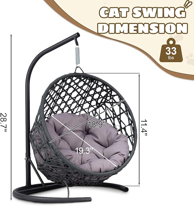 Hanging Cat Swing Bed with Stand & Cushion – Rattan Wicker Egg Chair for Cats, Small Dogs & Pets, Indoor Swinging Bed, Cozy Resting Spot, Modern Design (Gray)