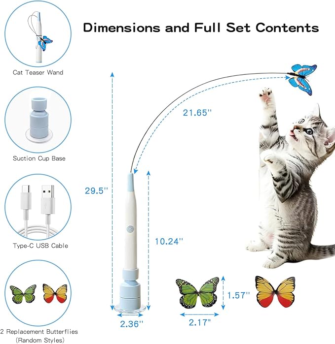 Interactive Cat Toys for Indoor Cats - Electric Cat Wand Toy with Butterfly, Self-Play & Handheld Dual Mode, USB Rechargeable with Strong Suction Base, Smart Motion Activated Enrichment Cat Toy, Blue