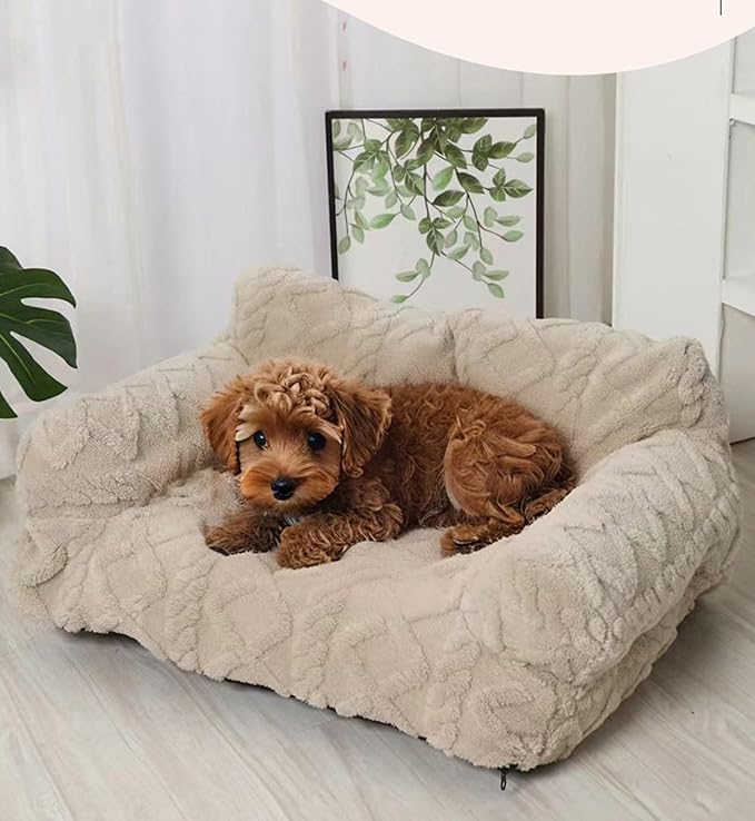 Plush Calming Pet Sofa Bed, Soft Cat Dog Couch with Removable Cover, Large Kennel Cat Sleeping Sofa Chair Furniture, Non-Slip Bottom for Supplies Cats Dogs(Beige,Large)