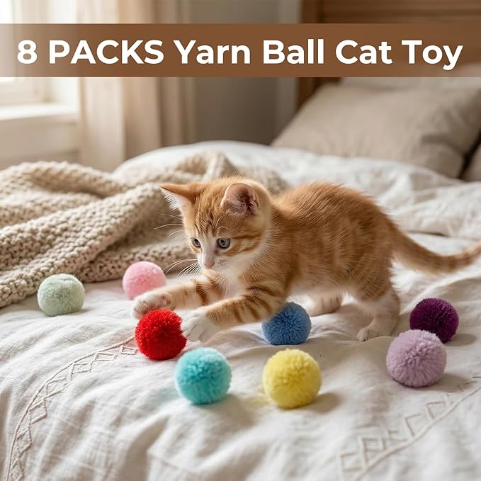 Larrel Glitter Fuzzy Balls for Cats, 16 Pcs Cat Pom Pom Balls Interactive Kitten Toys, Multicolor Soft Cat Ball Toys for Indoor Cats Playing Exercising or Craft DIY Creative Crafts Decorations