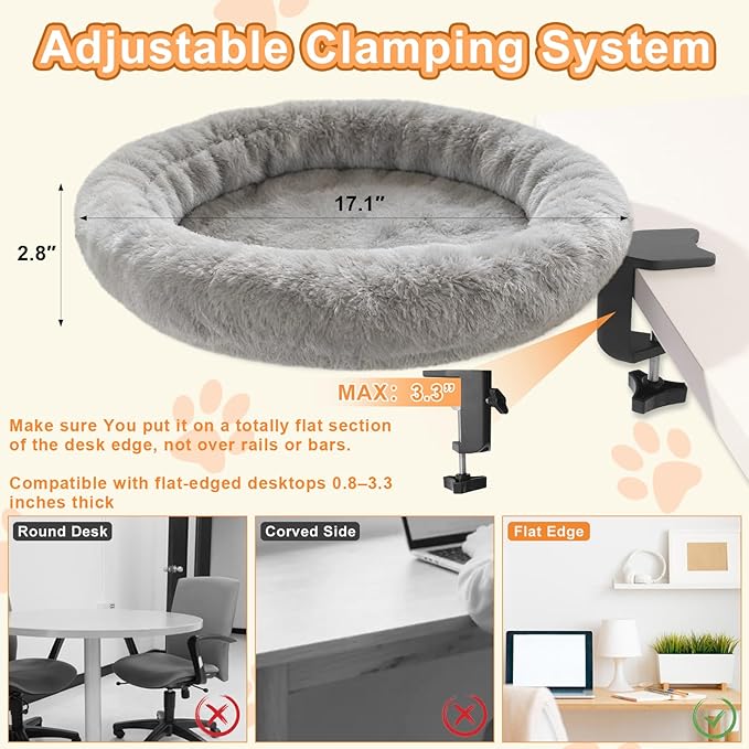Cat Desk Bed - Ergonomic cat Desk Perch Clamp for Remote Workers - Quality Desktop Suspended Cat's Bed- Rotating Cats Hammock Desk with Removable Cover, Cat Bed Hold UP to 50LBS, Gray
