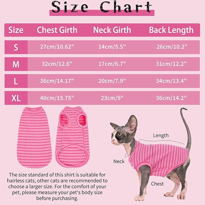 BRKURLEG Knit Cat Shirt, Sleeveless Pet Vest for Sphynx Cats and Small Dogs, Soft Pullover Spring Summer Apparel, Breathable T-Shirts with Round Collar (Rose Pink Stripes, M)
